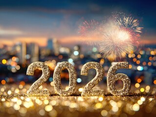 Sparkling 2026 numbers with fireworks over city skyline