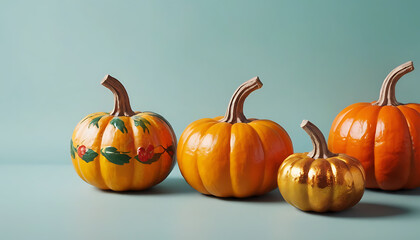 Decorative Pumpkins in Bright Orange and Gold with Artistic Details on Light Blue Background