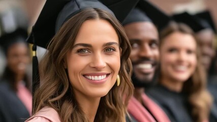 Diverse graduates smiling at a convocation celebration, festive gatherings in academic events, joyful moments in graduation joy, celebration vibes with multiracial unity, event hig