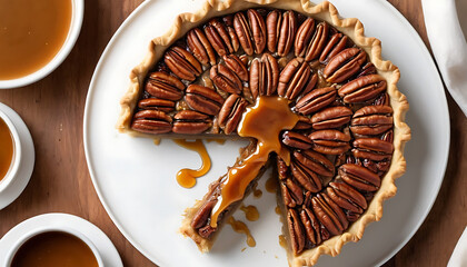 Pecan Pie with Caramel Drizzle on White Plate Surrounded by Small Bowls of Sauce