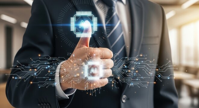 Artificial Intelligence Validation: Businessman Giving Thumbs Up with AI Microchip Icon on Thumb for Technology Approval and Machine Learning Integration