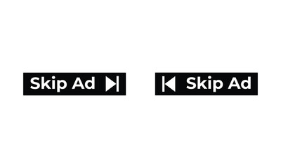 Minimalist black and white “Skip Ad” buttons with play and rewind icons on a clean background. Perfect for UI design, digital interfaces, media control, and web navigation elements.
