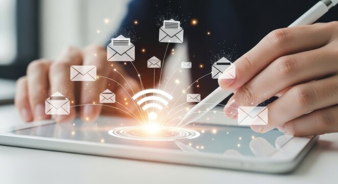 Wireless Email Communication: Hands Using Stylus Pen on Tablet with Glowing WiFi Symbol and Surrounding Email Icons for Online Messaging and Connectivity