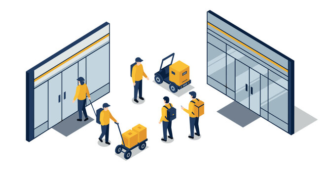 Isometric warehouse scene with workers and equipment for efficient logistics solutions