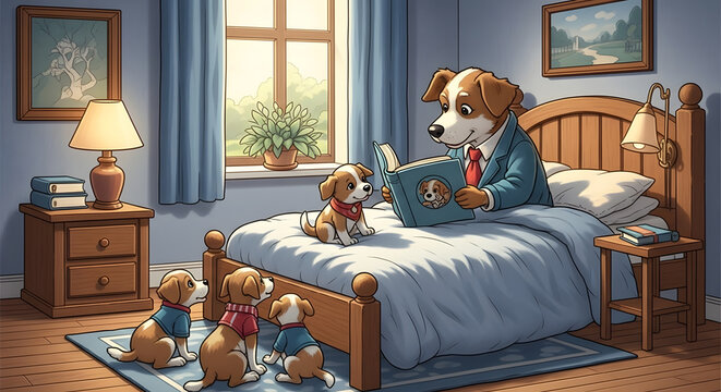 Father dog reading a bedtime story to his puppies in a cozy bedroom - Powered by Adobe