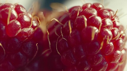 Macro view of fresh ripe red raspberries showcasing their intricate texture and vibrant color
