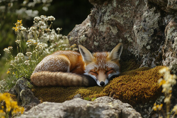 Obraz premium Generative AI image of a peaceful red fox sleeping in the summer forest with a delicate butterfly resting on its head in warm natural light
