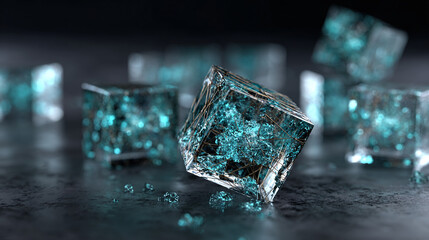Illuminated Ice Cubes on a Dark Surface, with a focus on one central cube 
