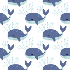 Seamless pattern with smiling whales and splashes in soft blue tones. Scandinavian minimalism style perfect for nursery textiles, baby clothing, ocean-themed decor, and kids products.