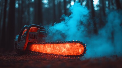 A chainsaw emits a mesmerizing orange light and smoke amidst a foggy, dense forest as twilight descends