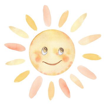Watercolor illustration of cute sun. For nursery decor and childrens books. 