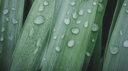Close-up of vibrant green plant leaves adorned with glistening water droplets after a refreshing