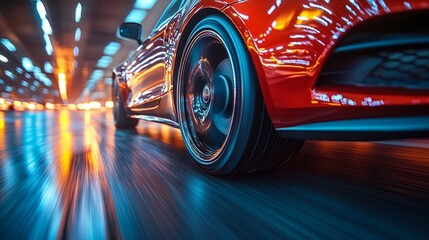 A striking red sports car accelerates powerfully inside a brightly lit tunnel, emphasizing speed and sleek design