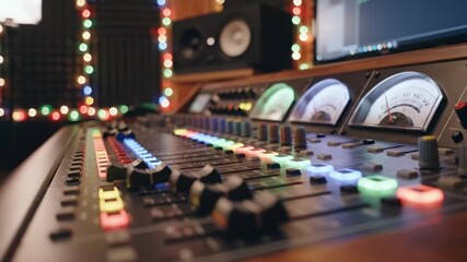 Professional Audio Mixing Console with Colorful Illuminated Faders in a Recording Studio. - Powered by Adobe