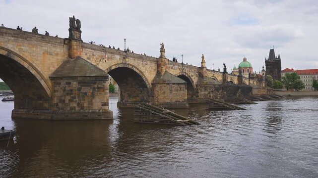 Iconic Charles Bridge Stone Arches Over Vltava River.