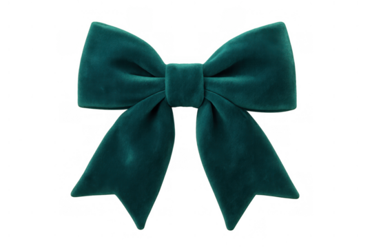Teal velvet bow with smooth texture on a transparent background, creating a festive gift decoration element
