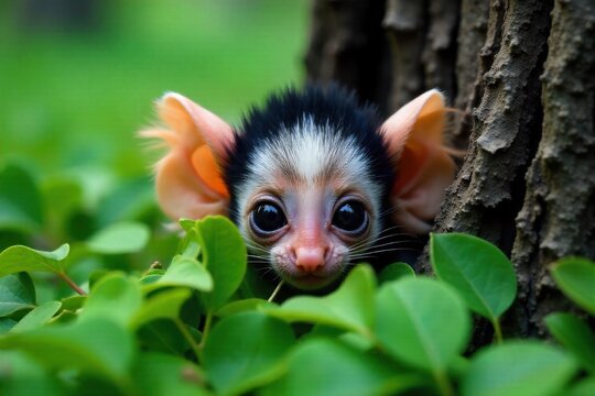 Whimsical Monkey Ears on Natural Elements Playful Nature Inspired Decor Close up macro shot of delicate, stylized monkey ear shapes seamlessly integrated into dew kissed green leaves and rough tree
