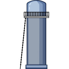 Tall Cylindrical Industrial Water Tower with Ladder and Observation Deck in Blue Gray Tones against a White Background