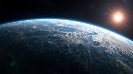 Fototapeta premium Panoramic View of Earth from Space with Bright Star and Blue Horizon