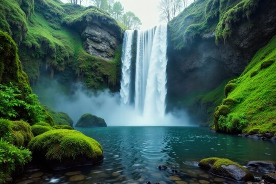 Untamed Waterfall Abyss A powerful and immense waterfall crashing into a deep, emerald green pool within a lush, ancient forest. Mist rises from the impact. Overgrown moss and ferns cling to damp
