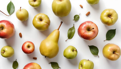 Fresh Green and Red Apples with Pear and Leaves on White Background