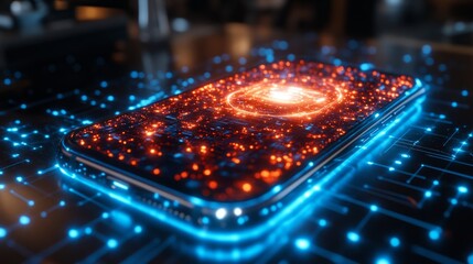 A smartphone lit by data points represents the blend of tech and connectivity in a vibrant digital world