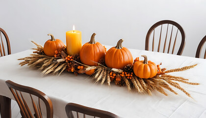 Autumn Pumpkin Centerpiece on White Table with Candle and Dried Wheat Decor