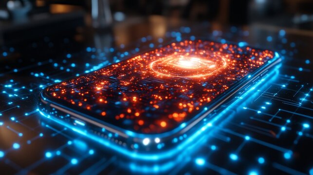 A smartphone lit by data points represents the blend of tech and connectivity in a vibrant digital world
