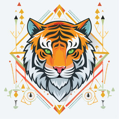 Majestic Tiger Head with Geometric Patterns and Vibrant Colors.
