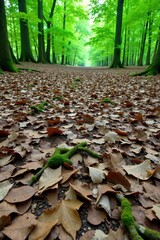 Obraz premium Sun dappled forest floor with fallen leaves and moss, a natural, peaceful, and untouched environment. A sun dappled forest floor. Sunlight streams through dense green foliage, illuminating fallen