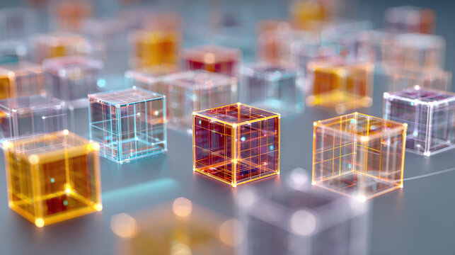 Illuminated cubes forming a futuristic and abstract pattern. The glowing boxes give a high-tech vibe