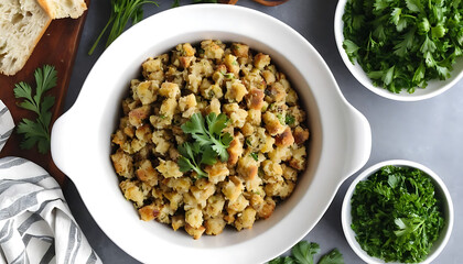 Savory Stuffing with Herbs Served in White Dish on Gray Surface