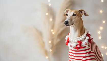 A Fawn whippet dog wearing red and white striped Christmas jumper with felt garland of hearts and snowflakes against neutral festive background with bokeh lights
