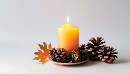 Warm Yellow Candle Burning with Pinecones and Autumn Leaves on White Background