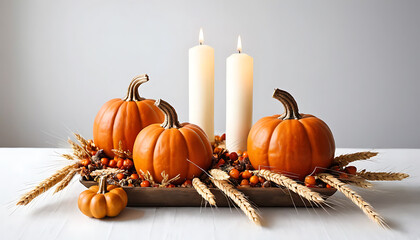 Autumn Pumpkin Decor with Candles and Dried Wheat on White Table