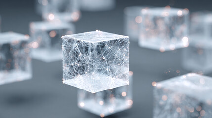 Abstract rendering of interconnected crystal cubes, hinting at a complex network. The cubes are subtly illuminated, creating a sense of depth and intricate design. 