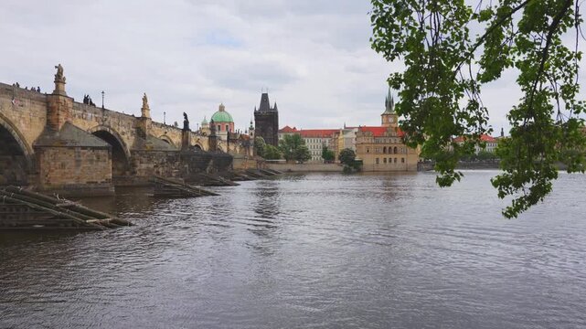 Iconic Charles Bridge Stone Arches Over Vltava River.