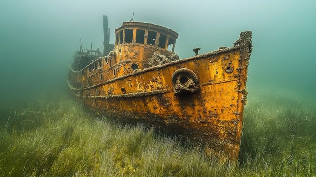 Rusty shipwreck rests underwater with seaweed surrounded by murky water and visible degradation on its hull.