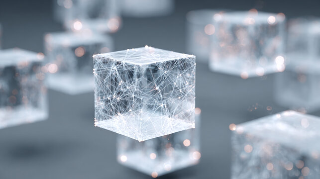 Abstract rendering of interconnected crystal cubes, hinting at a complex network. The cubes are subtly illuminated, creating a sense of depth and intricate design. 