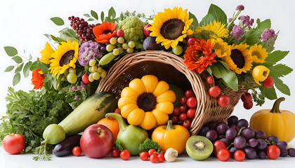Colorful Vegetable and Flower Basket Arrangement with Sunflowers and Pumpkins