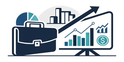 A digital illustration depicting business analytics, featuring graphs, a briefcase, and financial symbols, representing growth and data-driven decision-making.