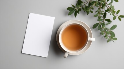 Greeting Card Mockup with Tea Cup on Table