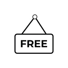 Minimalist black and white sign icon with the word “FREE” hanging on a string. Simple flat design concept representing giveaway, promotion, discount, or no-cost service for marketing use.