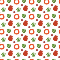Dog toys seamless pattern with kong cones, ring chew, tennis balls, paw prints for textiles