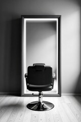 Sterile Salon Chair and Mirror Reflecting Minimalist Interior Design A wide shot of an empty, luxurious hair salon interior. In the center is a sleek, black, ergonomic salon chair with polished chrome