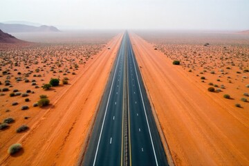 A high angle view of a desolate desert highway with mirages shimmering on the heat hazed asphalt surface. A high angle aerial shot of a straight asphalt highway in a vast desert. The intense heat