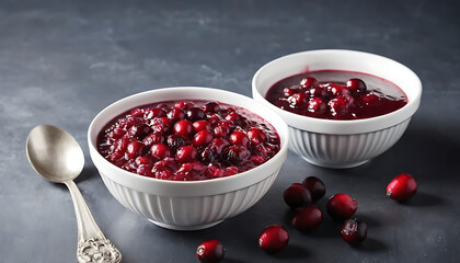Fresh Cranberry Jam in White Bowls with Silver Spoon on Dark Surface