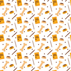 Pet nutrition seamless pattern with food bags, bones, bowls, crunchy pellets for packaging