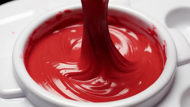 Vibrant Red Paint Mixed in White Ceramic Bowl Close Up View Stirring Action