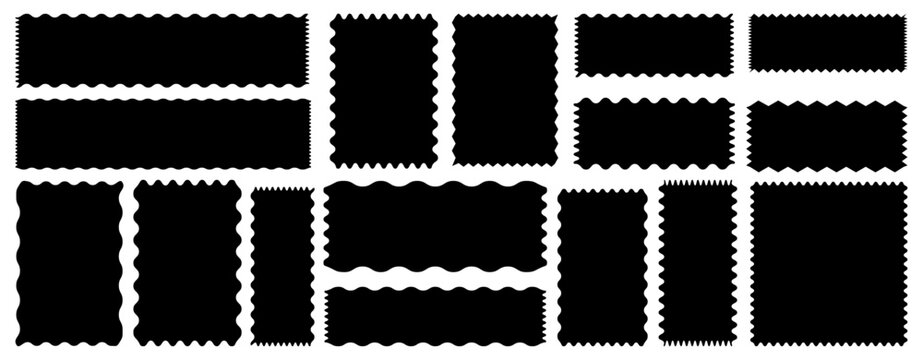 Set of black wavy edge frames. Rectangle shape frame with zigzag edge. Rectangular zigzag curved box. Decorative banners and labels set on white background. Vector illustration.